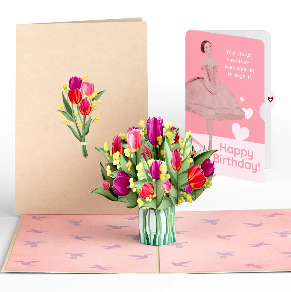 Lovepop Cheerful Tulips Birthday Pop-Up Card and Dancing Through Life Sentiment Set Glass