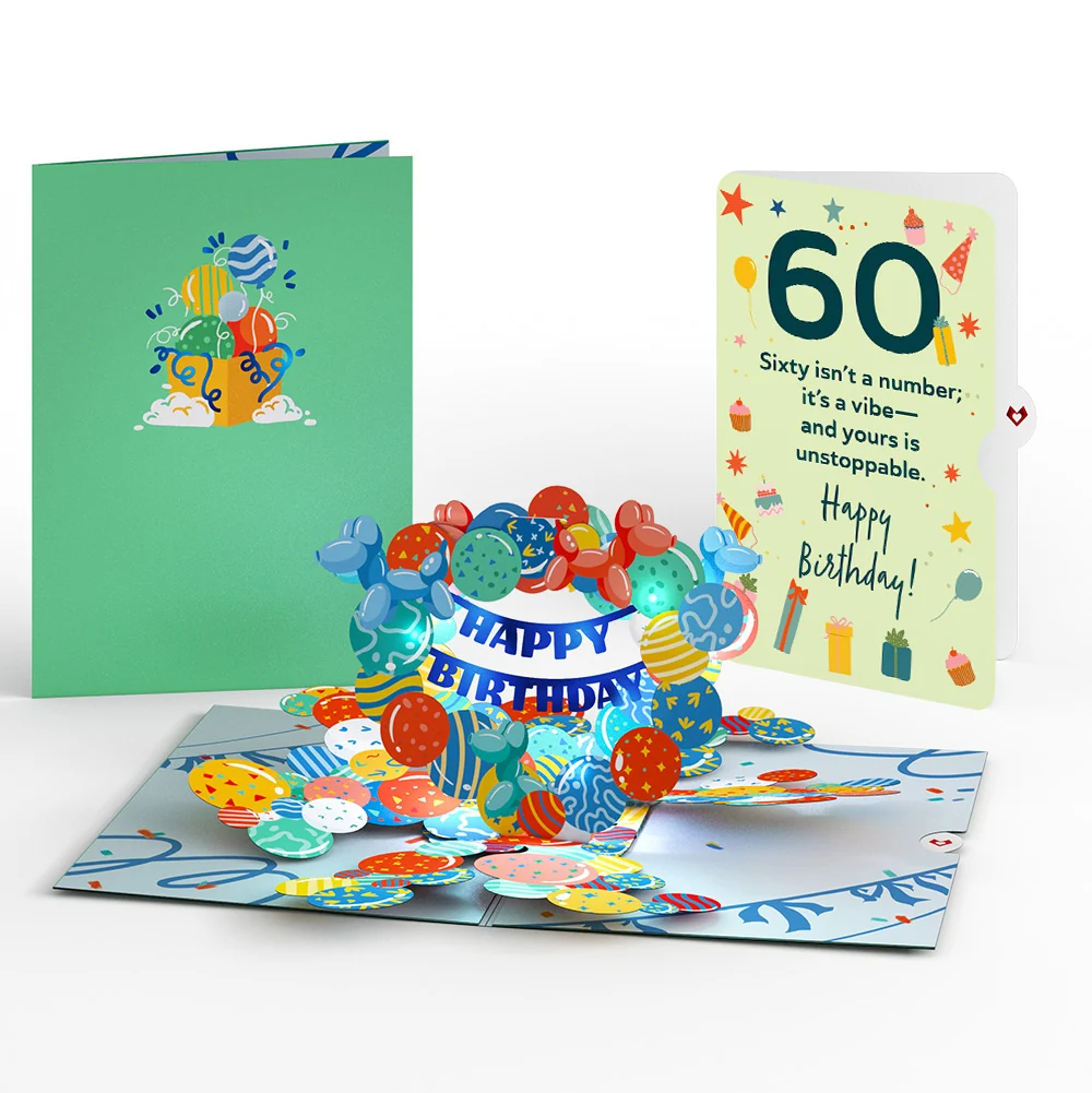 Lovepop Happy 60th Birthday Balloons Music and Lights Pop-Up Card and Sentiment Set