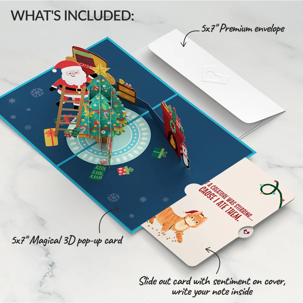 Lovepop Santa Decorating a Christmas Tree Pop-Up Card and Hungry Cat Sentiment Set Cream - Image 2