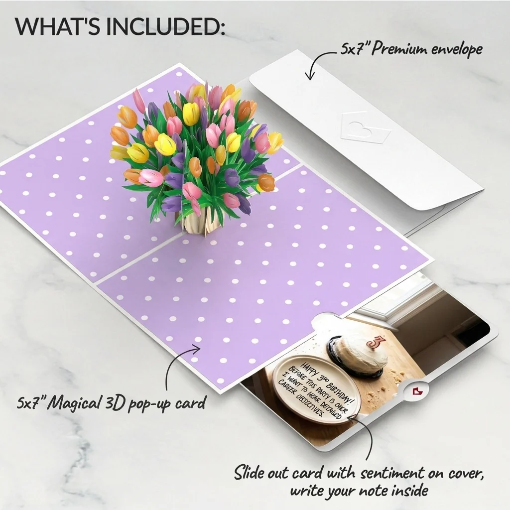Lovepop Timeless Tulips 3rd Birthday Pop-Up Card and Cake Career Objectives Sentiment Set Vase - Image 2