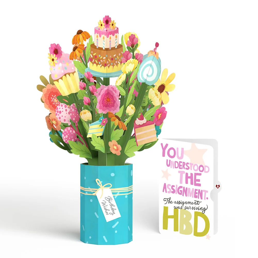 Lovepop Sweet Birthday Wishes Bouquet and Surviving Assignment Sentiment Set Candle