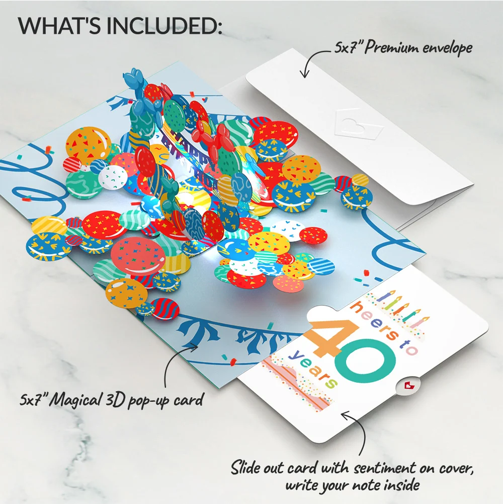 Lovepop Happy 40th Birthday Balloons Music and Lights Pop-Up Card and Confetti Cake Sentiment Set Glass - Image 2