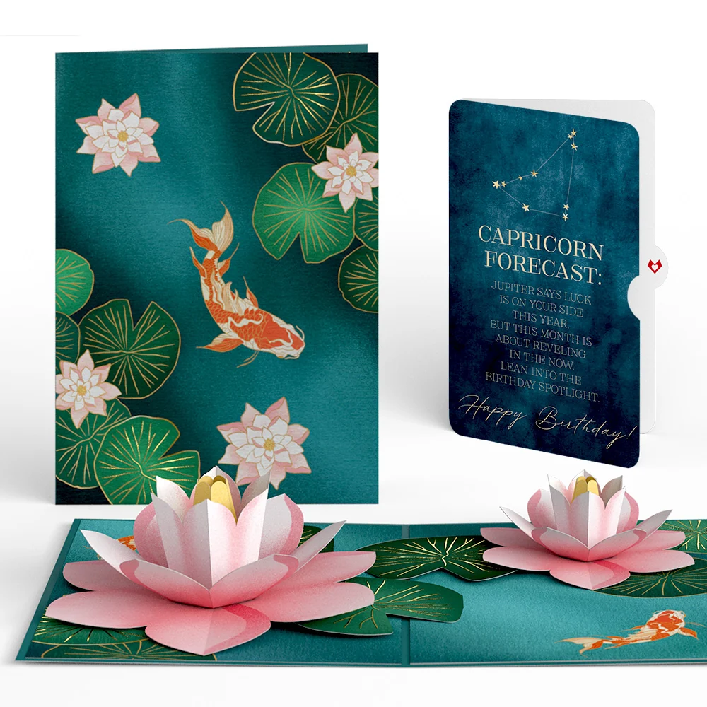 Lovepop Koi Fish and Lotus Pond Birthday Pop-Up Card and Capricorn Zodiac Sentiment Set