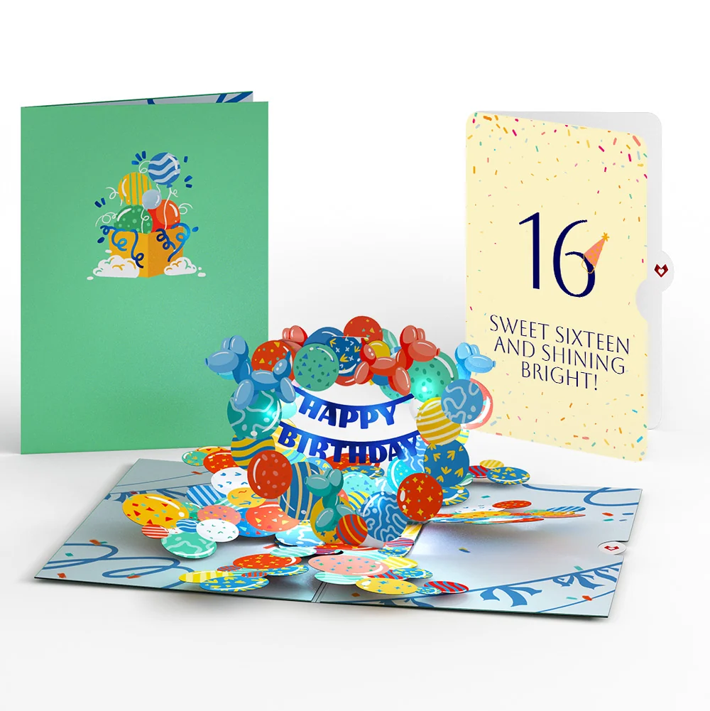 Lovepop Happy 16th Birthday Balloons Music and Lights Pop-Up Card and Party Hat Sentiment Set