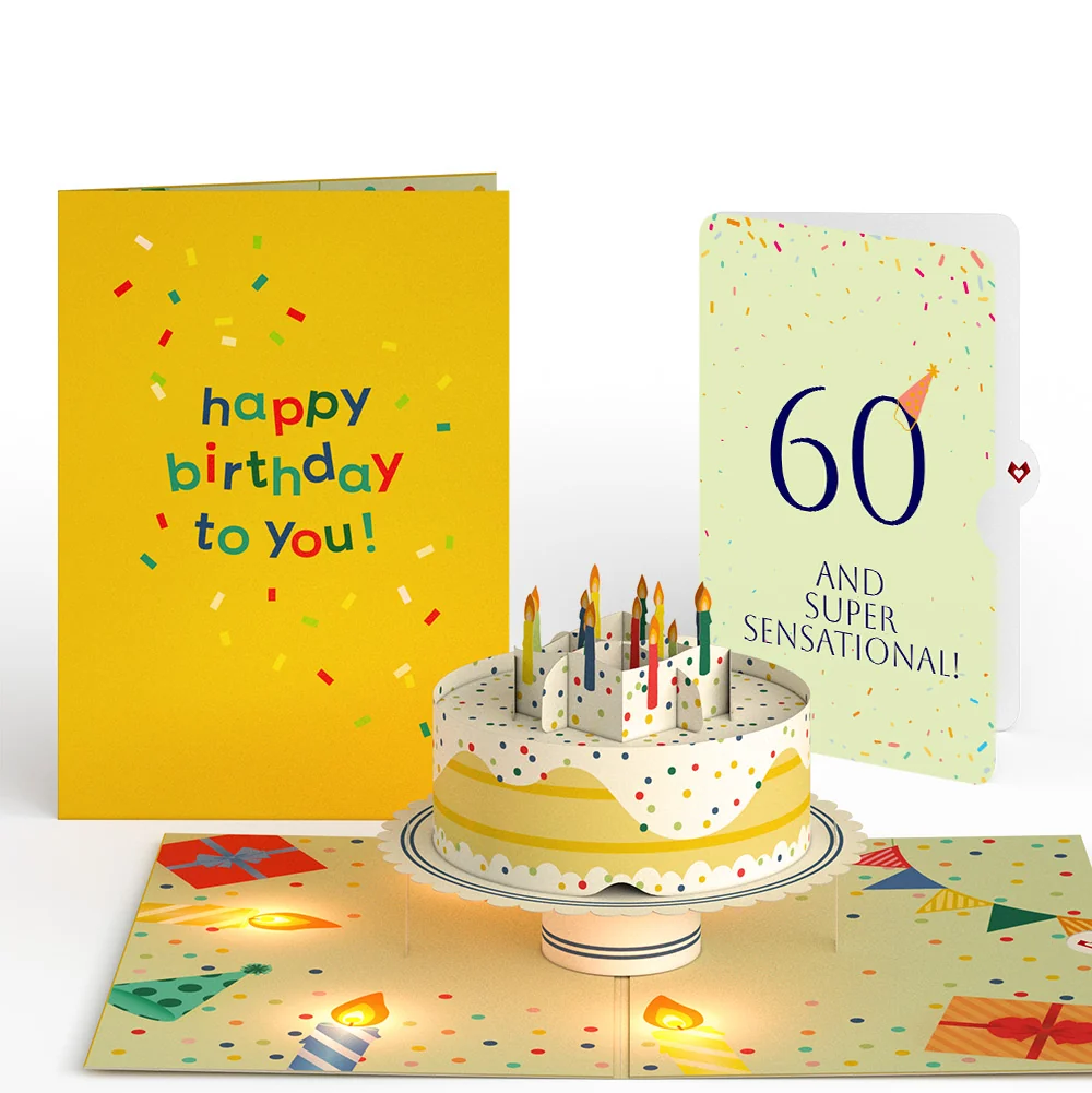 Lovepop Happy 60th Birthday Confetti Cake Music and Lights Pop-Up Card and Party Hat Sentiment Set Candle