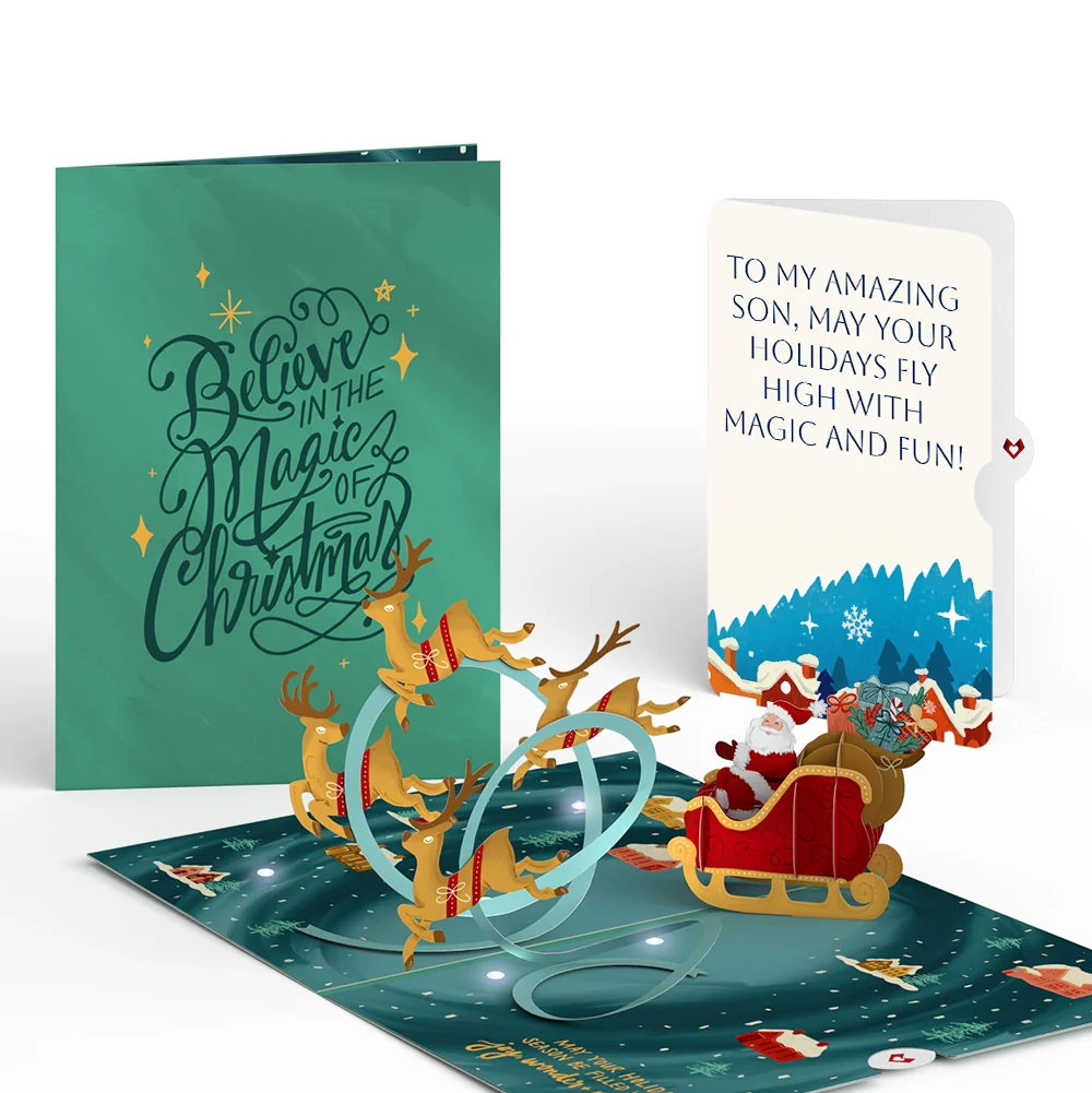 Lovepop Magic of Christmas Santa's Sleigh Light-Up Pop-Up Card and Snow Village Sentiment Set for Son Cream