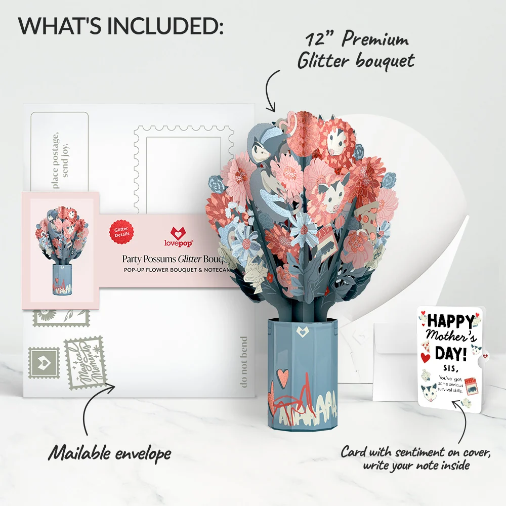 Lovepop Party Possums Mother’s Day Glitter Bouquet and Sentiment Set for Sister Vase - Image 2