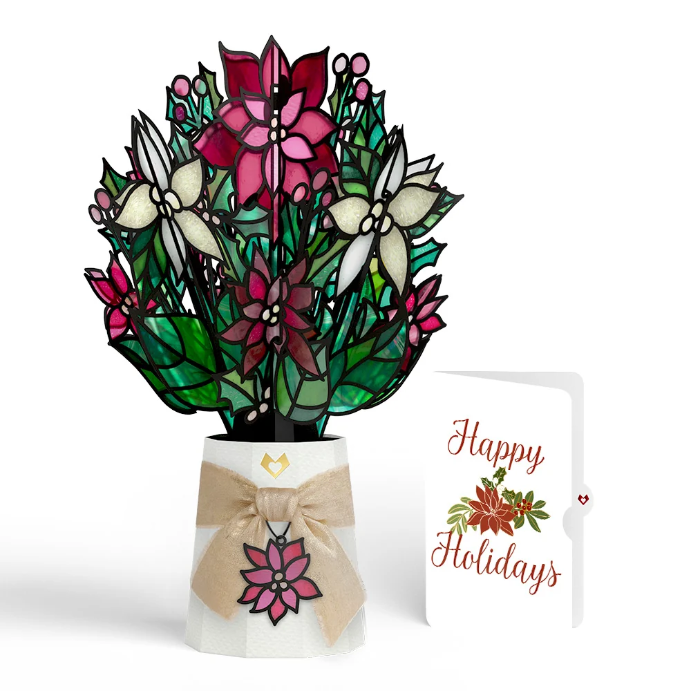 Lovepop Poinsettia Shimmer Holiday Suncatcher Bouquet and Sentiment Set Glass