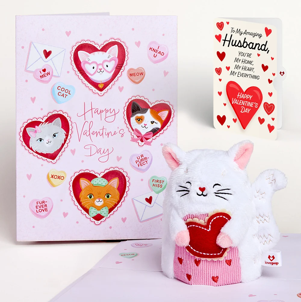 Lovepop 'Happy Valentine's Day' Love Cat Plushpop Card and Sentiment Set for Husband Cream