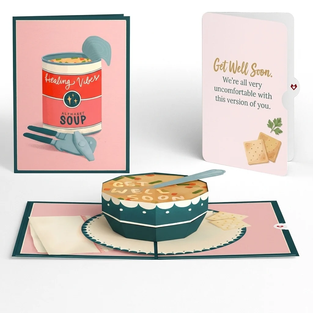 Lovepop Get Well Soon Soup Pop-Up Card and Uncomfortable Version Sentiment Set Cream