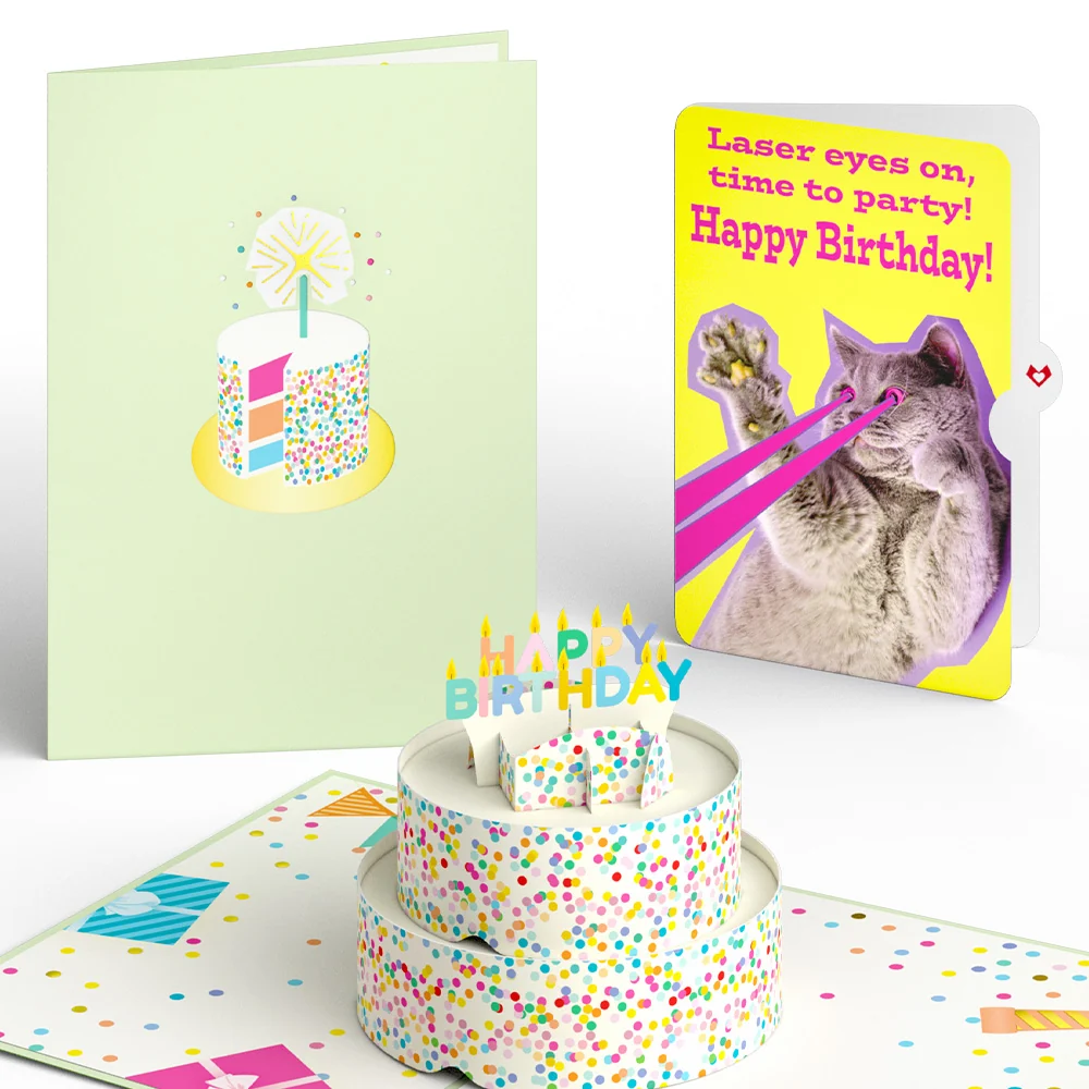 Lovepop Sprinkles Birthday Cake with Cat Laser Eyes Pop-Up Card and Sentiment Set Candle