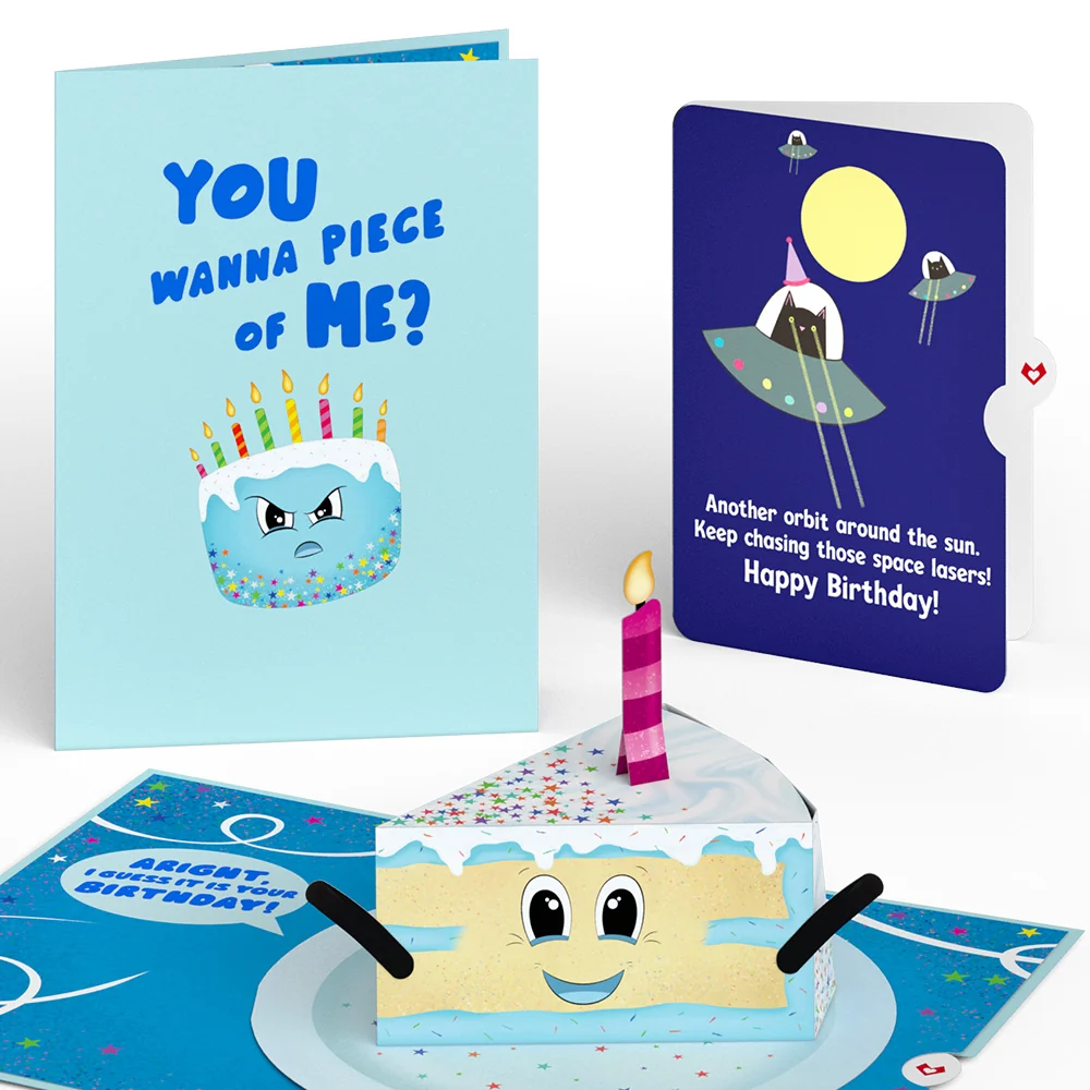 Lovepop Whimsical Birthday Cake Slice with Space Laser Cats Pop-Up Card and Sentiment Set Candle