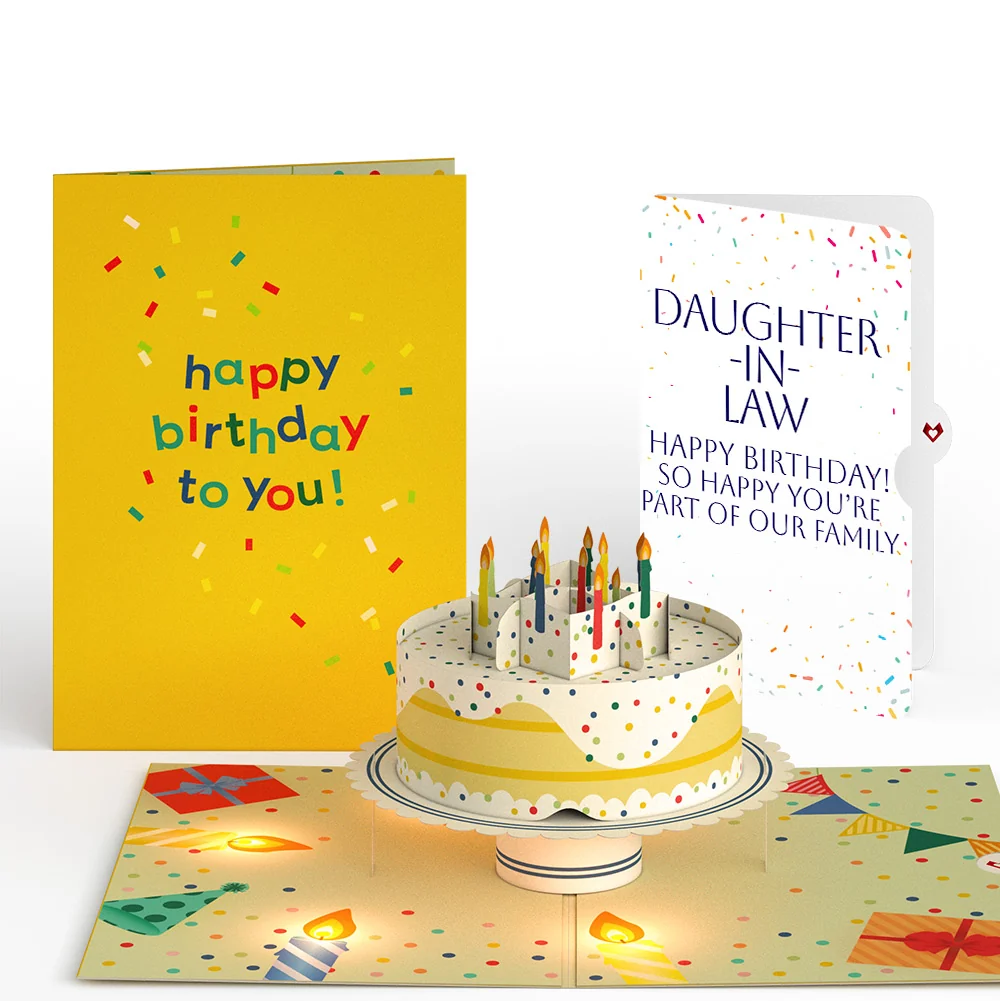 Lovepop Happy Birthday Confetti Cake Music and Lights Pop-Up Card and Sentiment Set for Daughter-in-law Candle