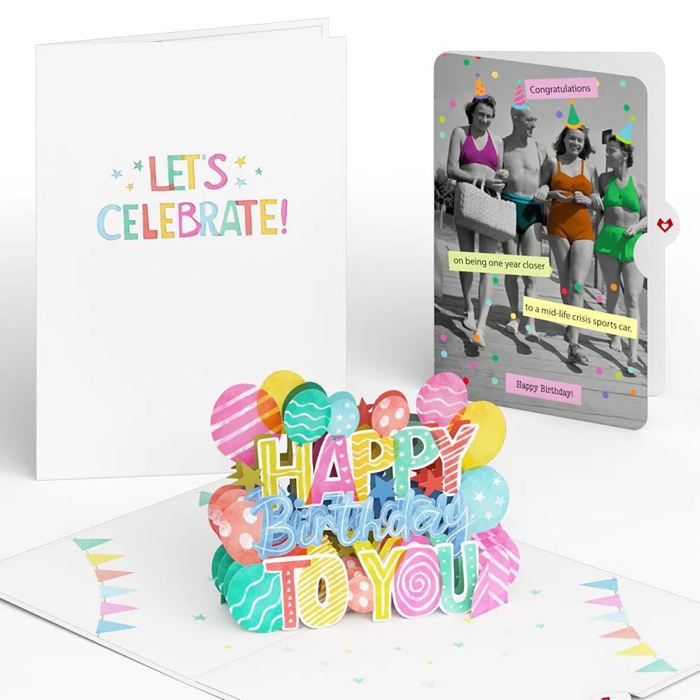 Lovepop Let's Celebrate Birthday Pop-Up Card and A Mid-life Crisis Sports Car Sentiment Set