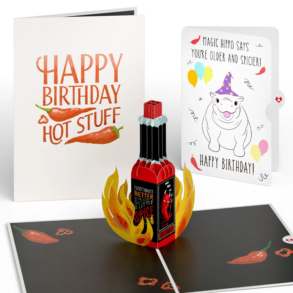 Lovepop Happy Birthday Hot Stuff with Magic Hippo Pop-Up Card and Sentiment Set Bottle