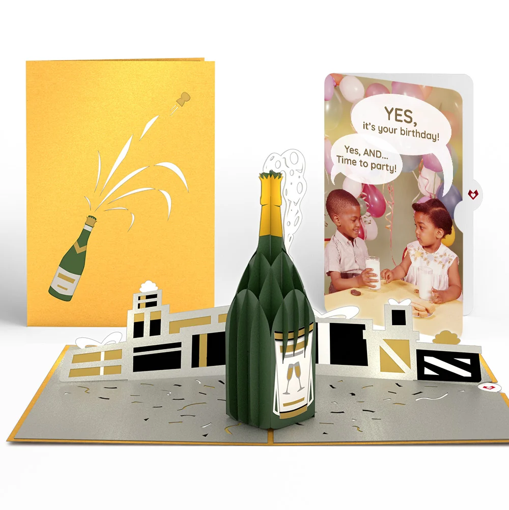 Lovepop Champagne Celebration Birthday Pop-Up Card and Time to Party Sentiment Set Bottle