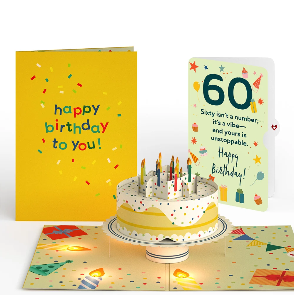 Lovepop Happy 60th Birthday Confetti Cake Music and Lights Pop-Up Card and Sentiment Set Candle