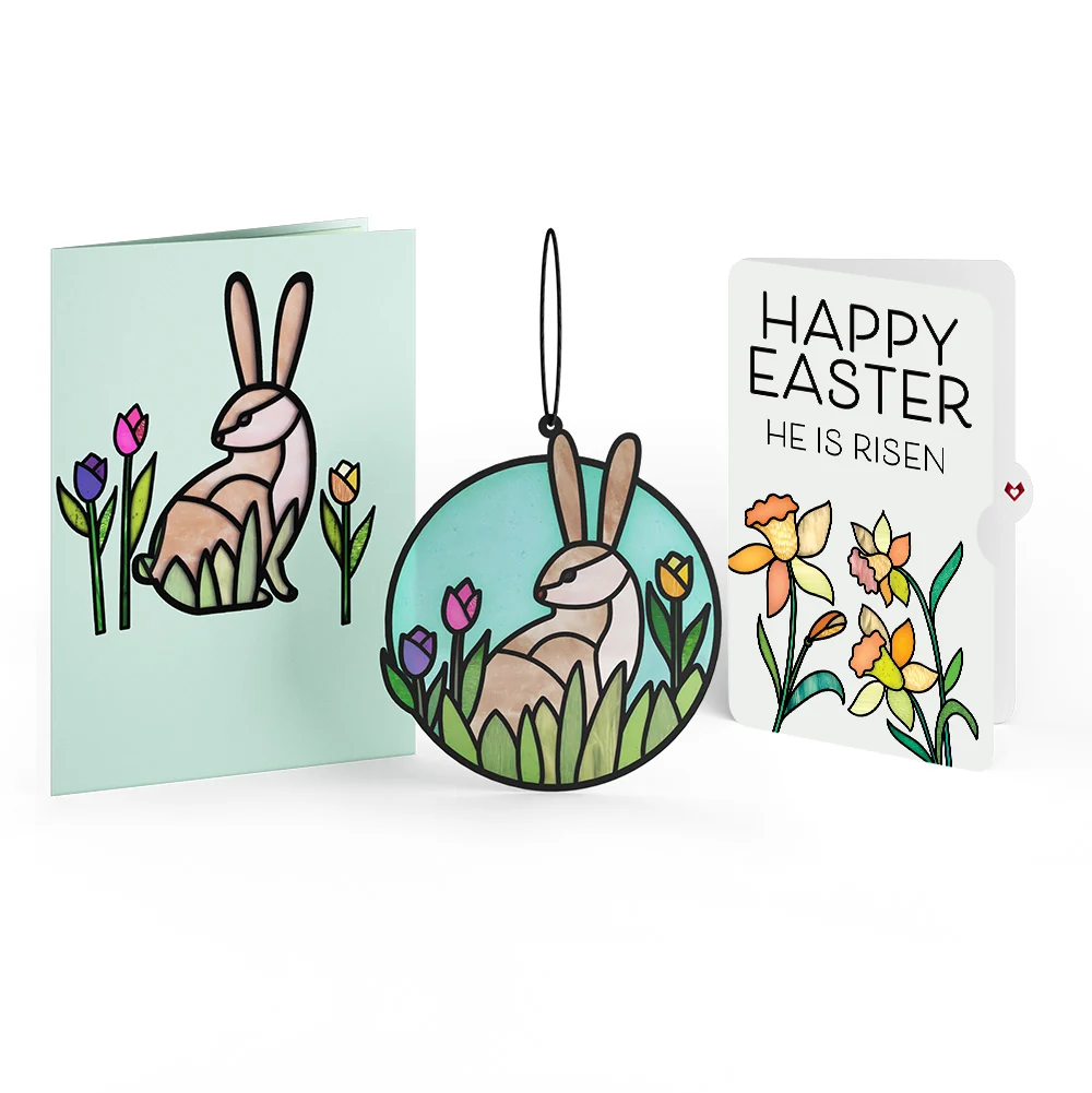 Lovepop Springtime Bunny Easter Suncatcher Card and Garden Blooms He Is Risen Sentiment Set Glass