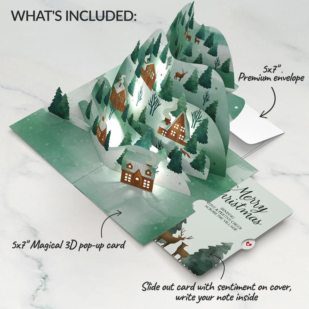 Lovepop Winter Wishes Mountain Village Light-Up Pop-Up Card and Woodland Deer Merry Christmas Sentiment Set Cream - Image 2
