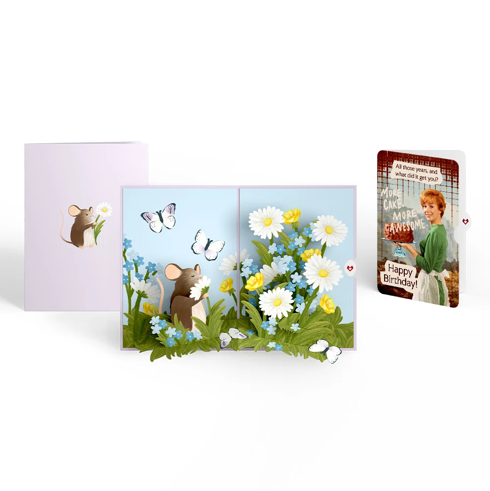 Lovepop Field Mouse in the Flowers Birthday Pop-Up Card and More Cake More Awesome Sentiment Set