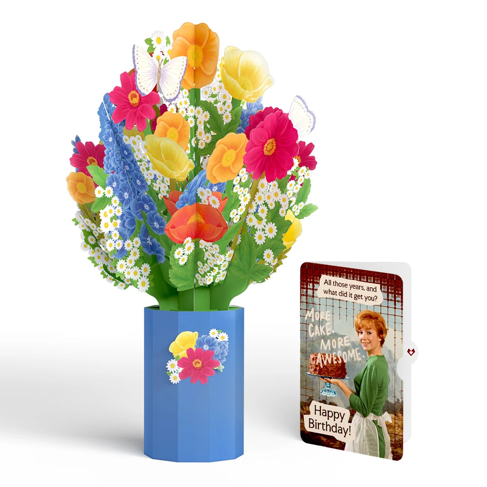 Lovepop Wildflower Birthday Bouquet and More Cake More Awesome Sentiment Set Vase