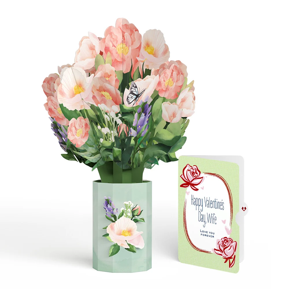 Lovepop Peony Valentine Bouquet and Sweet Rose Sentiment Set for Wife Vase