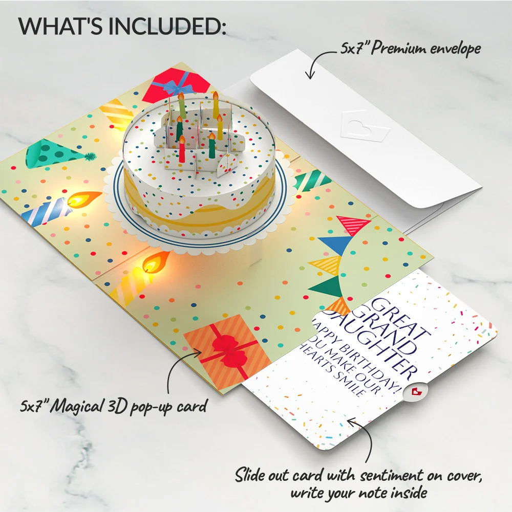 Lovepop Happy Birthday Confetti Cake Music and Lights Pop-Up Card and Sentiment Set for Great Granddaughter Candle - Image 2