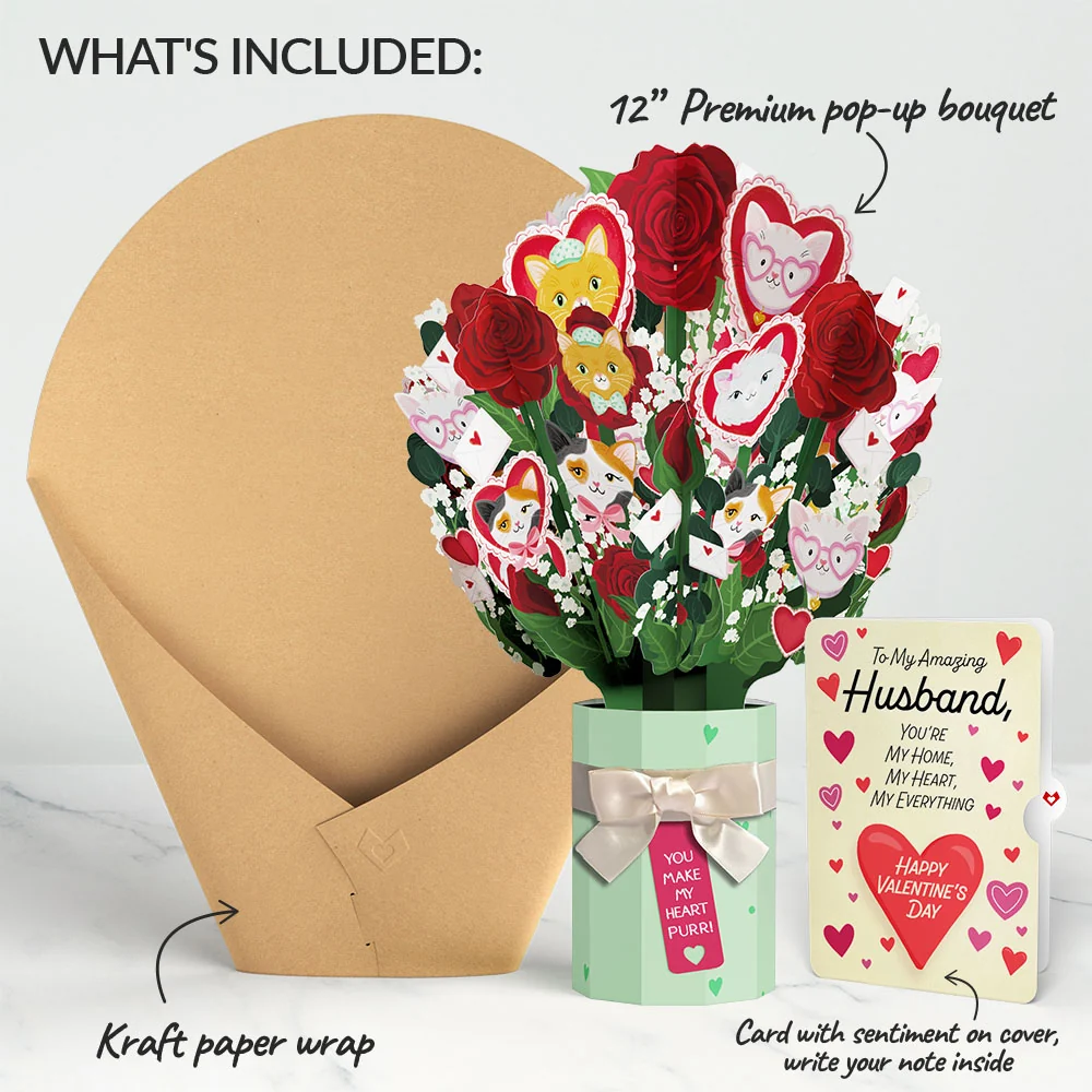 Lovepop You Make My Heart Purr Cat Valentine Bouquet and Sentiment Set for Husband Vase - Image 2