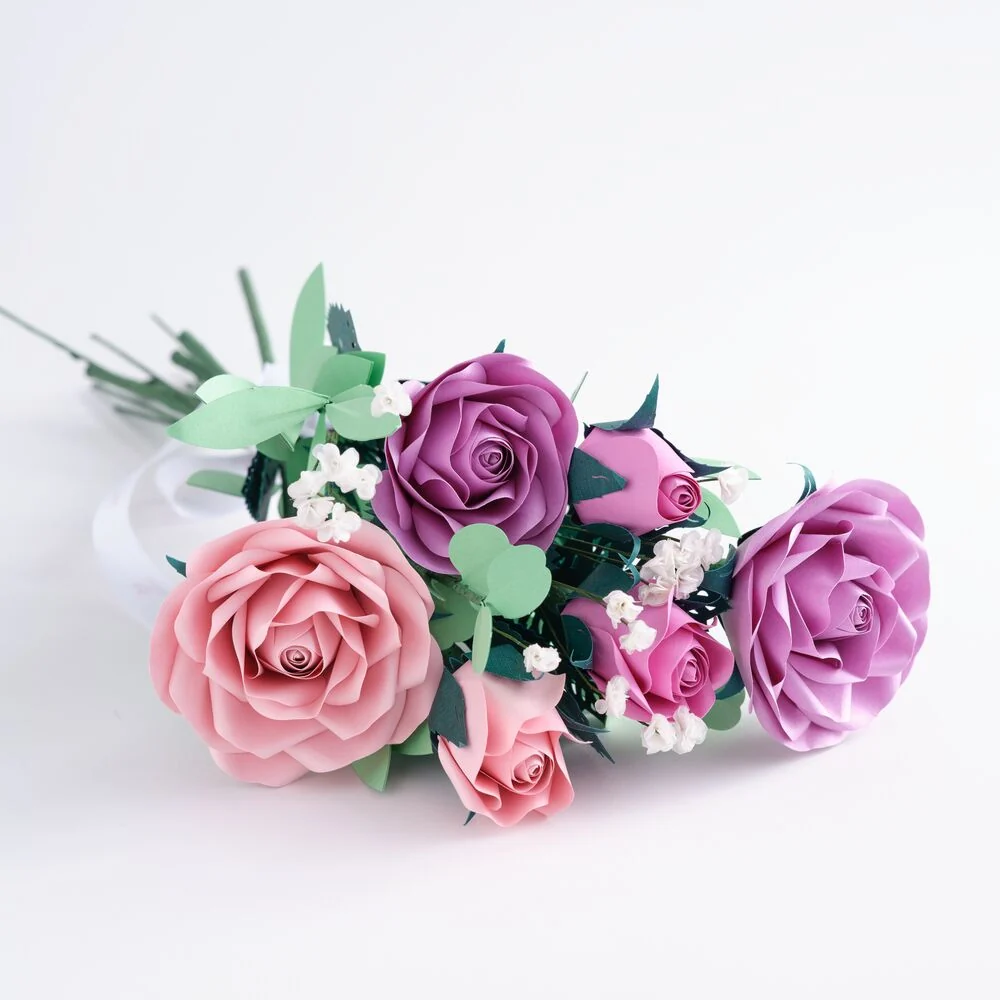 Lovepop Handcrafted Paper Flowers: Pink & Purple Roses (6 Stems) Vase