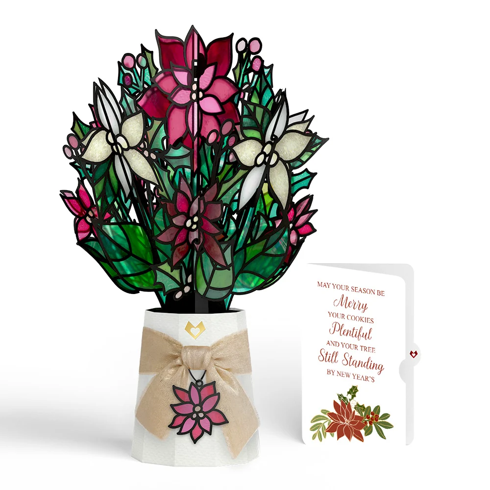 Lovepop Poinsettia Shimmer Christmas Suncatcher Bouquet and Merry & Plentiful Sentiment Set Glass