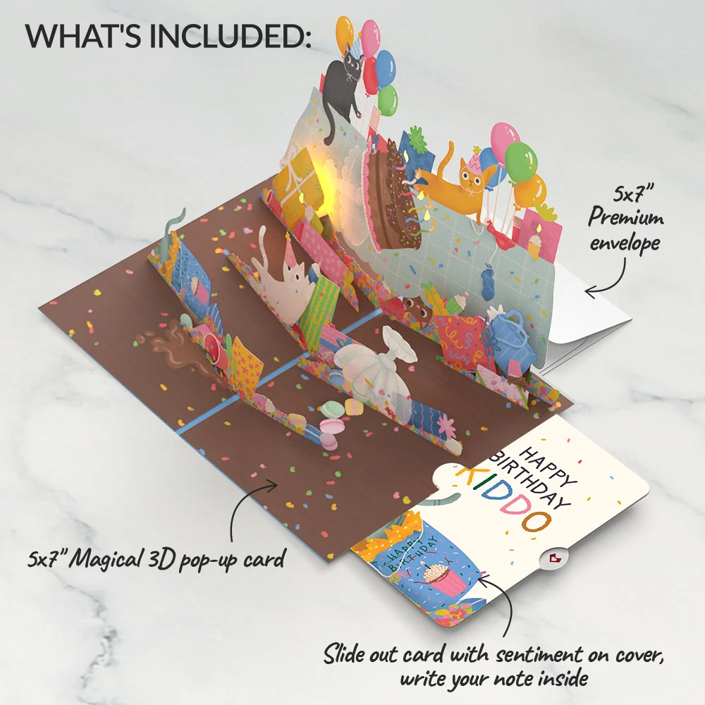 Lovepop Birthday Cat-astrophe Music and Lights Pop-Up Card and Sentiment Set for Kid Cream - Image 2