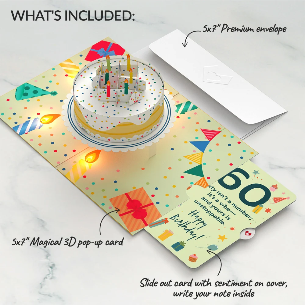 Lovepop Happy 60th Birthday Confetti Cake Music and Lights Pop-Up Card and Sentiment Set Candle - Image 2