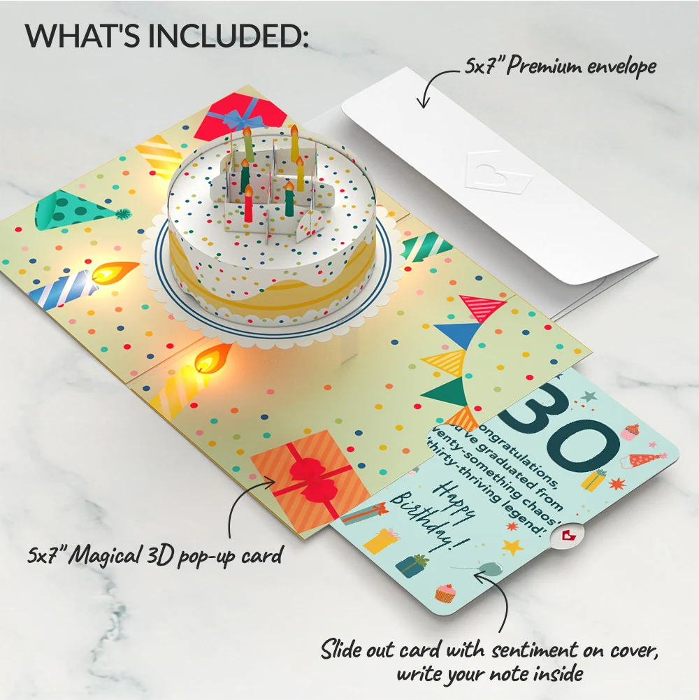 Lovepop Happy 30th Birthday Confetti Cake Music and Lights Pop-Up Card and Sentiment Set Candle - Image 2
