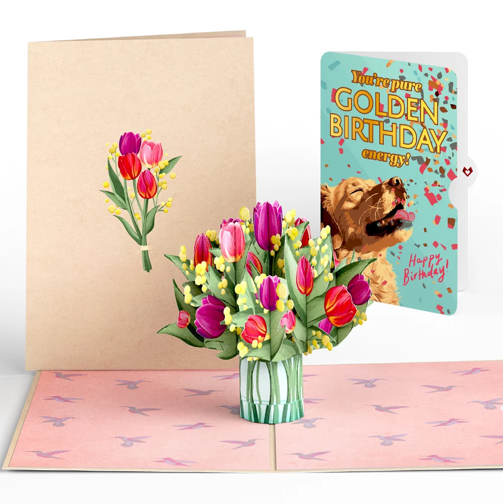 Lovepop Cheerful Tulips Birthday Pop-Up Card and Golden Energy Sentiment Set Vase