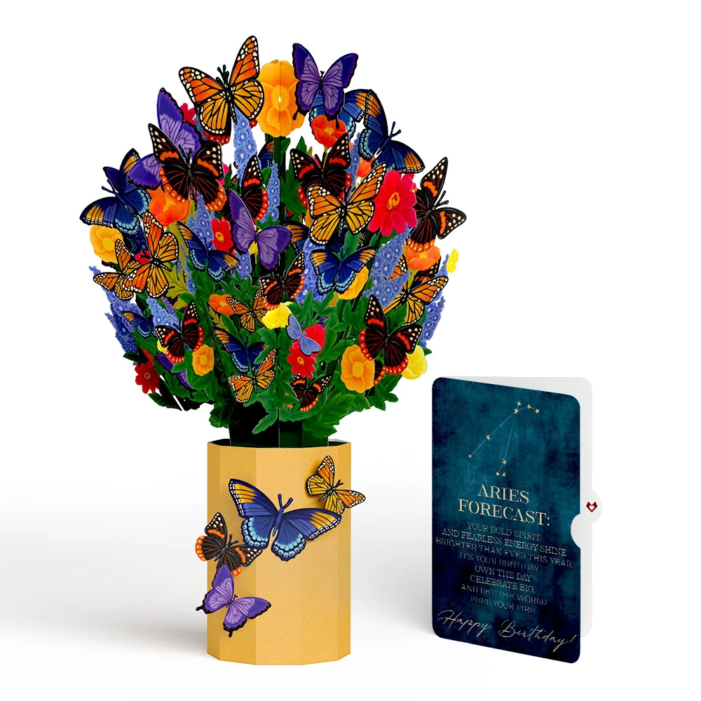 Lovepop Brilliant Butterfly Birthday Bouquet and Aries Zodiac Sentiment Set Vase