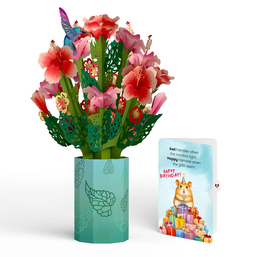 Lovepop Hibiscus Birthday Bouquet and Happy Hamster Sentiment Set Vase