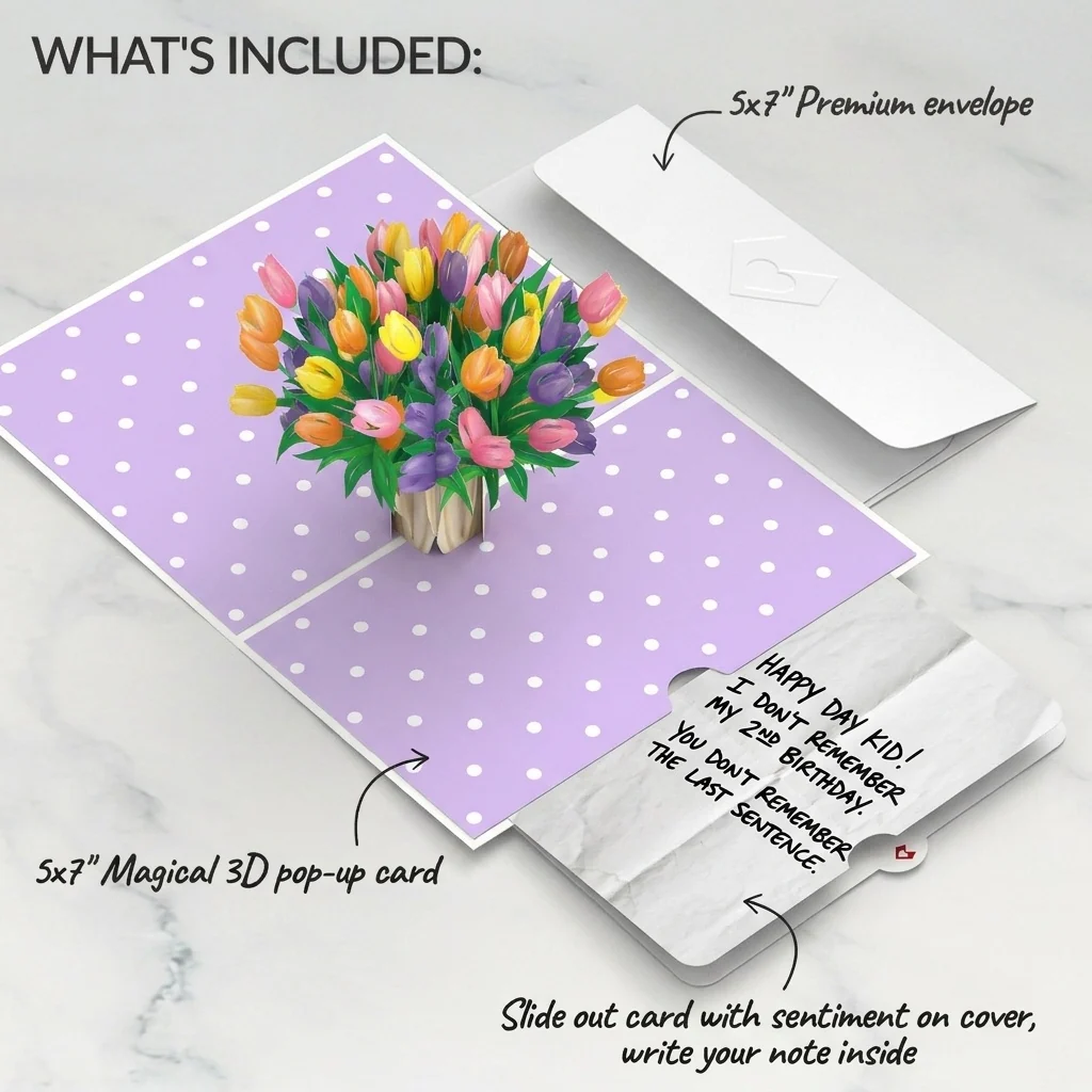 Lovepop Timeless Tulips 2nd Birthday Pop-Up Card and Memory Gap Sentiment Set for Kid Vase - Image 2
