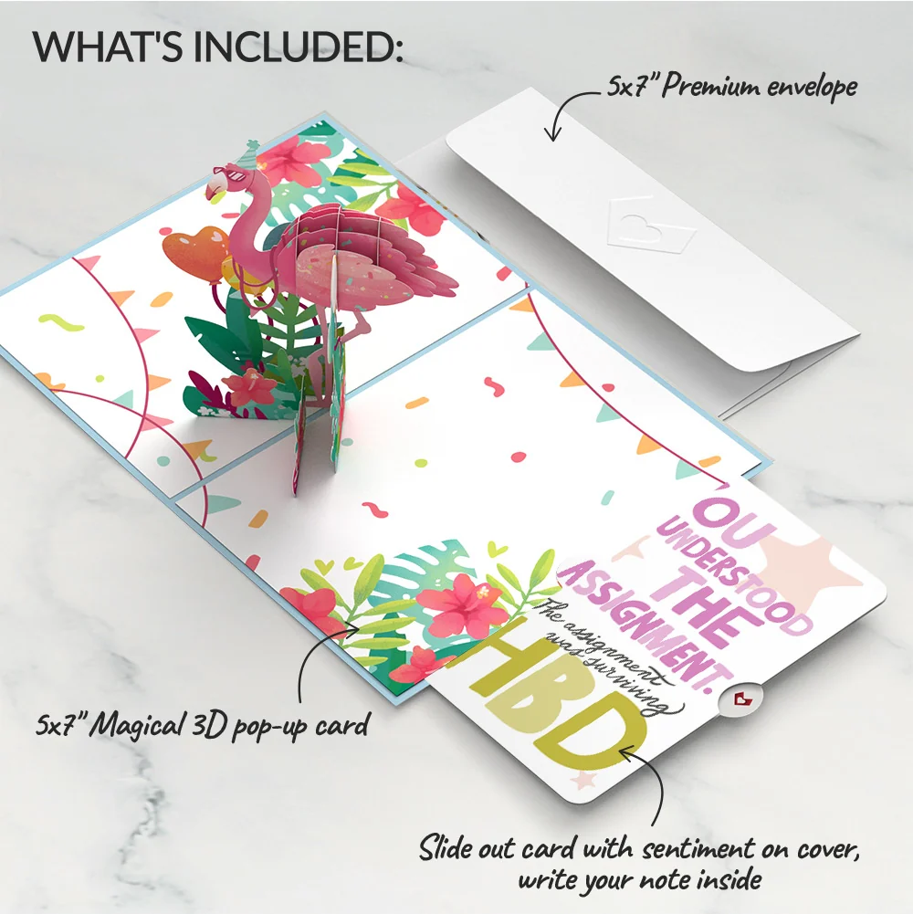 Lovepop Flamazing Birthday Flamingo Pop-Up Card and Surviving Assignment Sentiment Set - Image 2