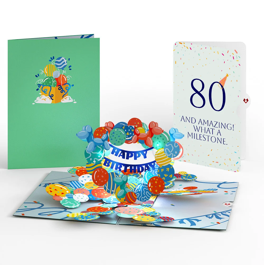 Lovepop Happy 80th Birthday Balloons Music and Lights Pop-Up Card and Party Hat Sentiment Set