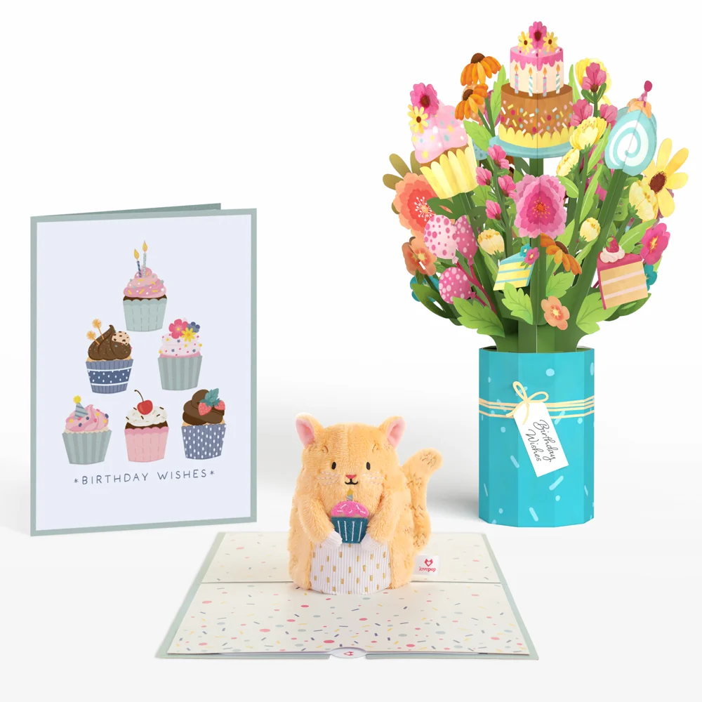 Lovepop 'Birthday Wishes' Cupcake Cat Plushpop Card and Bouquet Bundle