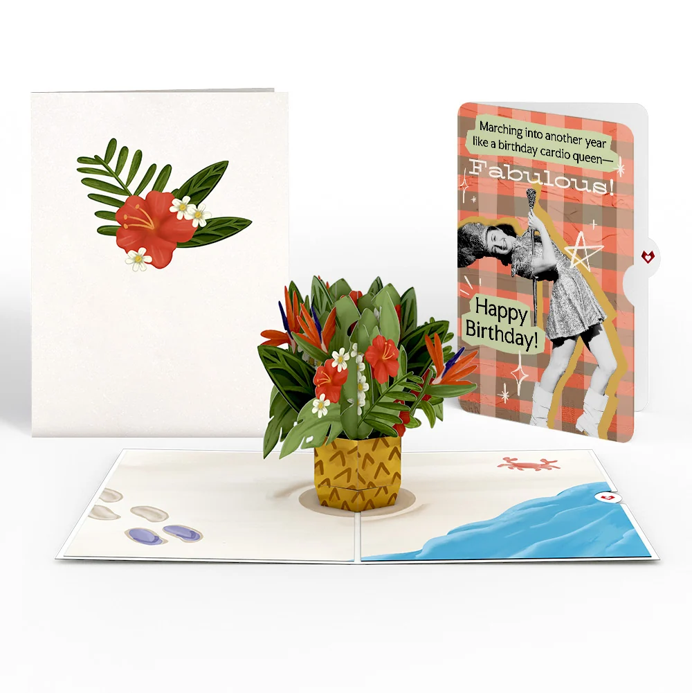 Lovepop Tropical Flower Basket Birthday Pop-Up Card and Cardio Queen Sentiment Set