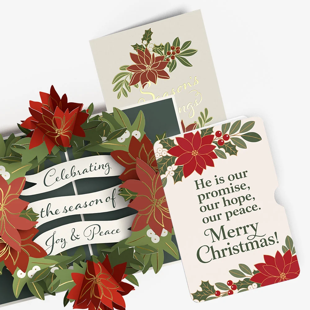 Lovepop Season's Greetings Poinsettia Wreath Christmas Pop-Up Card and Promise Hope Peace Sentiment Set