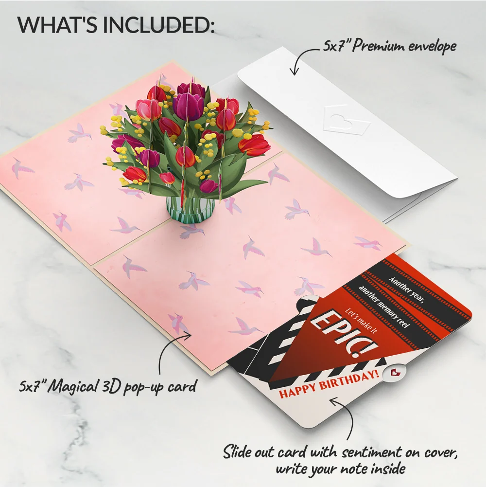 Lovepop Cheerful Tulips Birthday Pop-Up Card and Epic Reel Sentiment Set Vase - Image 2