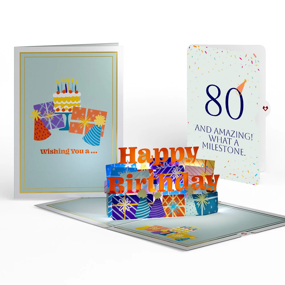Lovepop Wishing You a Happy 80th Birthday Music and Lights Pop-Up Card and Party Hat Sentiment Set