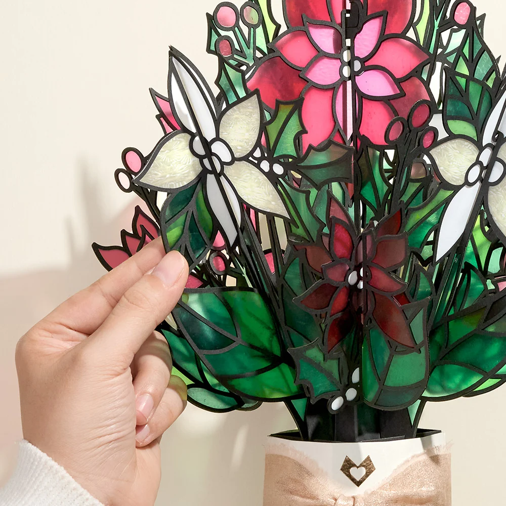 Lovepop Poinsettia Shimmer Christmas Suncatcher Bouquet and Blooming Love Sentiment Set for Family Glass - Image 3