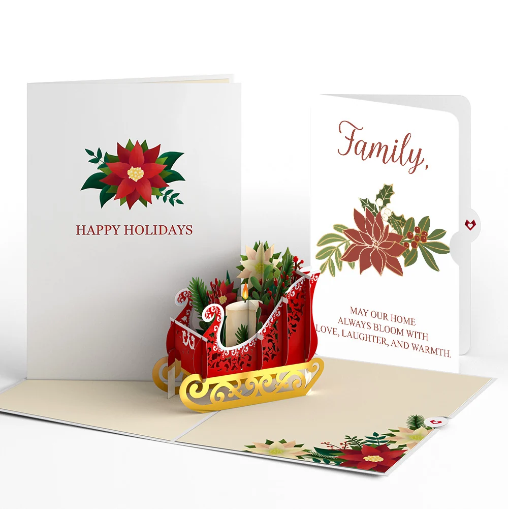 Lovepop Holiday Poinsettia Sleigh Pop-Up Card and Blooming Love Sentiment Set for Family Candle
