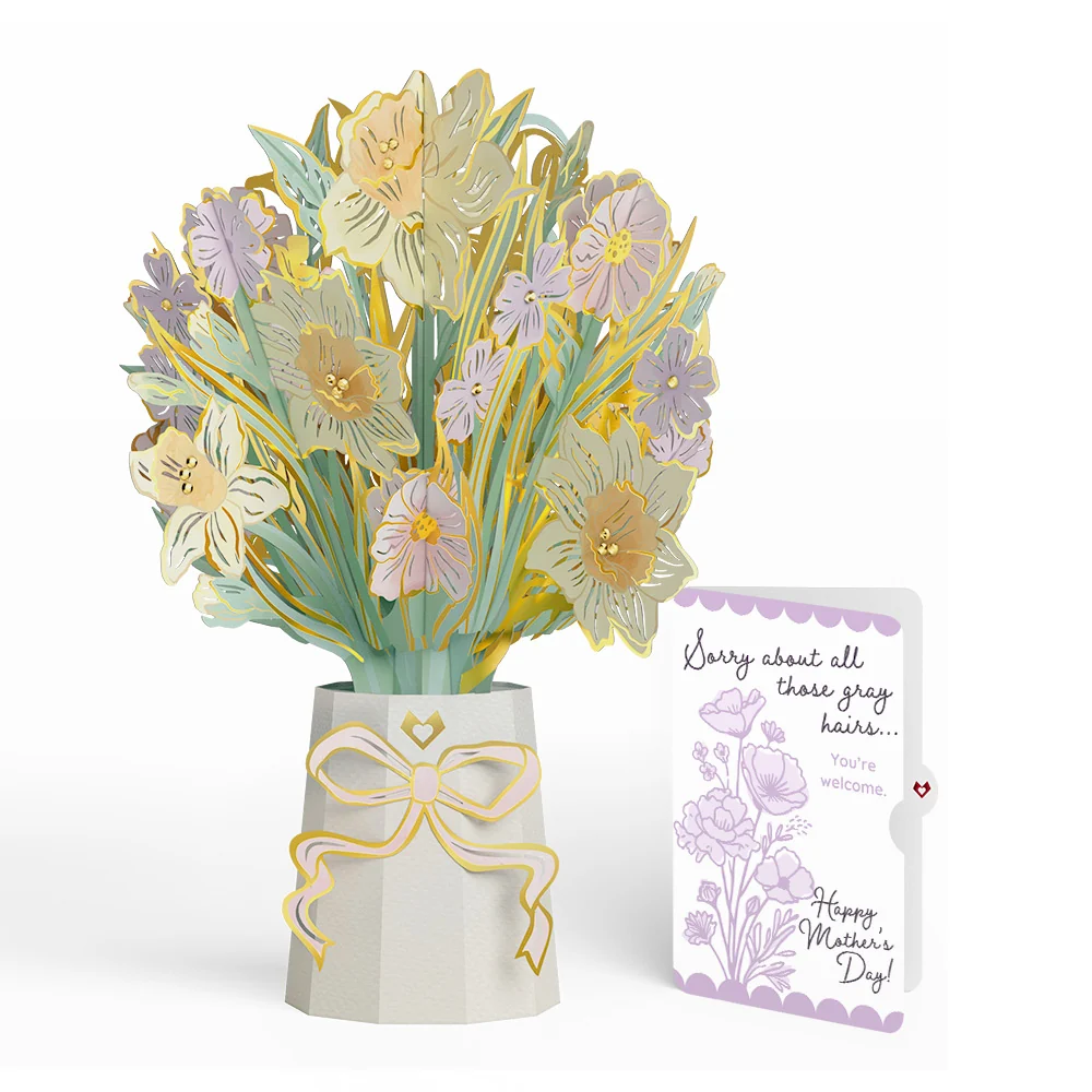 Lovepop Gilded Daffodil Mother’s Day Luxe Bouquet and Vintage Lavender Floral Sentiment Set for Mom Vase