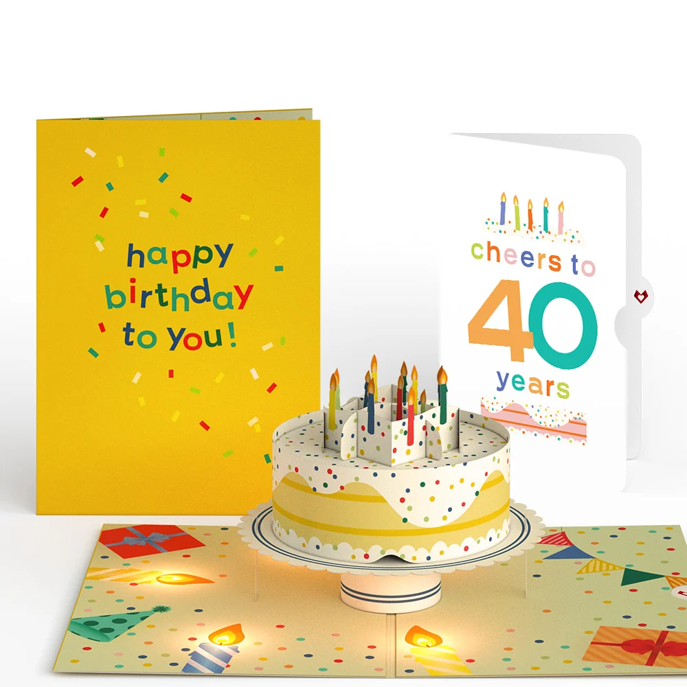 Lovepop Happy Birthday Confetti Cake Music and Lights Pop-Up Card and Cheers to 40th Years Sentiment Set Candle