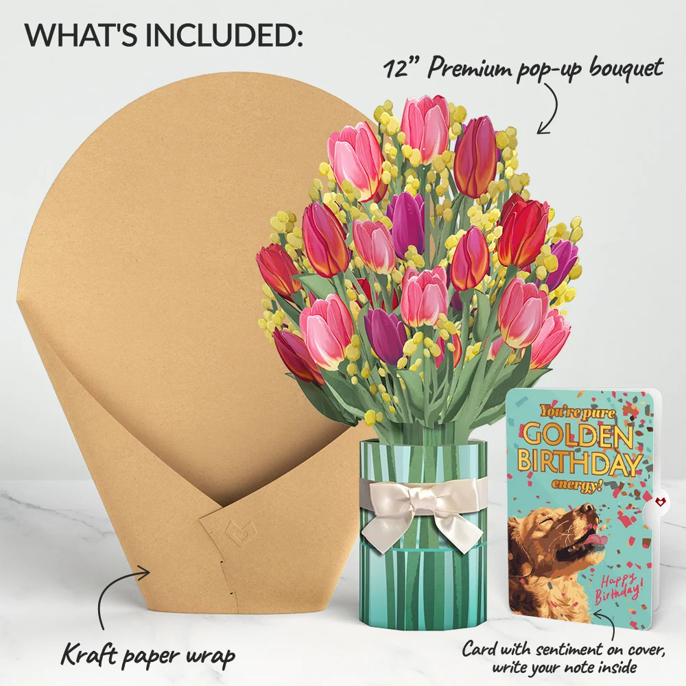 Lovepop Cheerful Tulips Birthday Bouquet and Golden Energy Sentiment Set Vase - Image 2