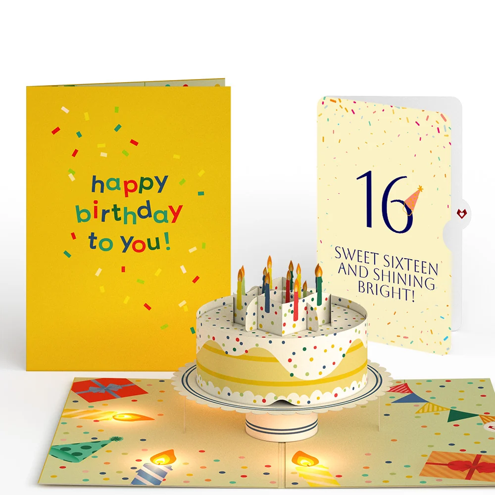 Lovepop Happy 16th Birthday Confetti Cake Music and Lights Pop-Up Card and Party Hat Sentiment Set Candle